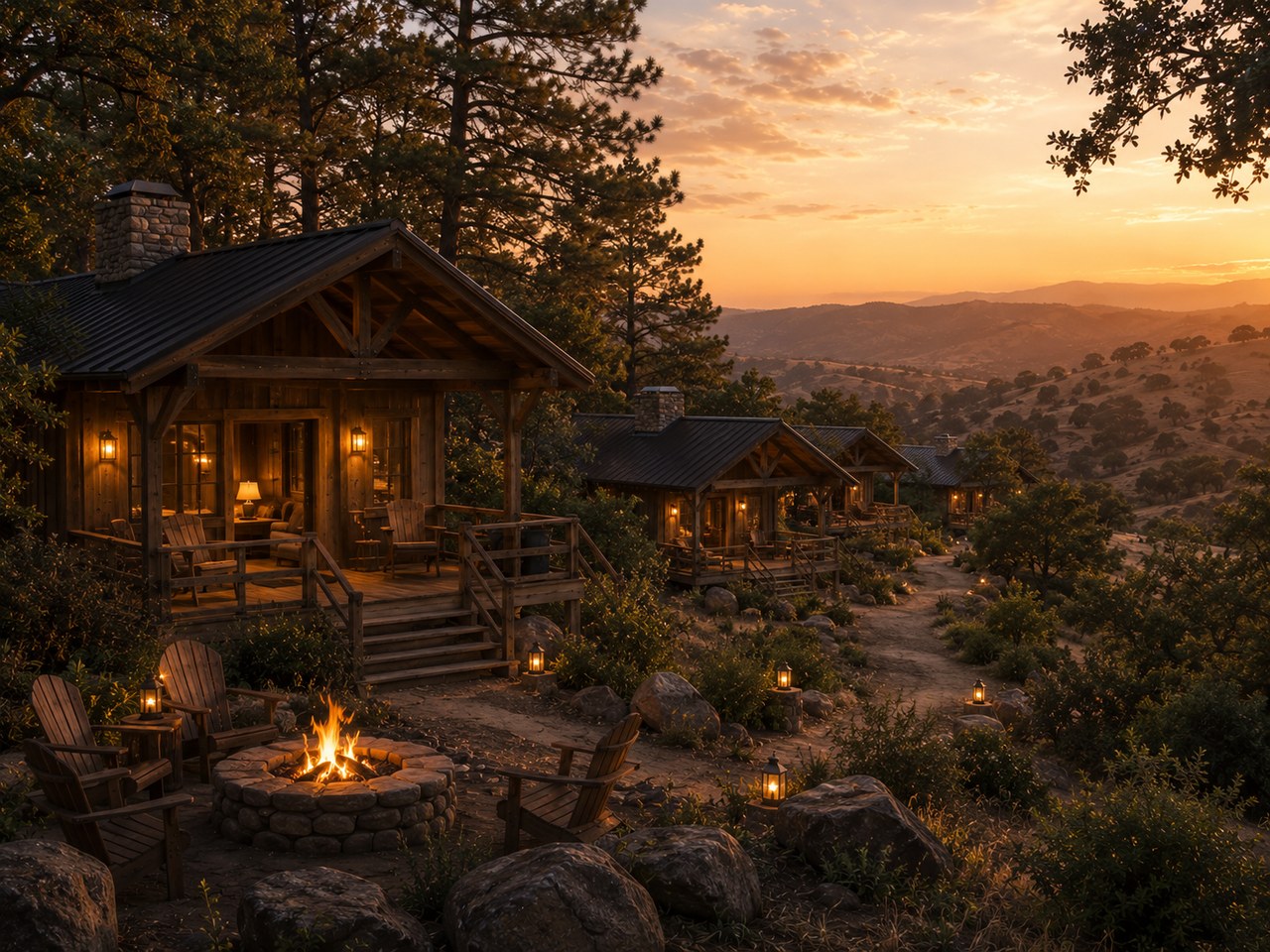Overnight Cabins rendering at golden hour