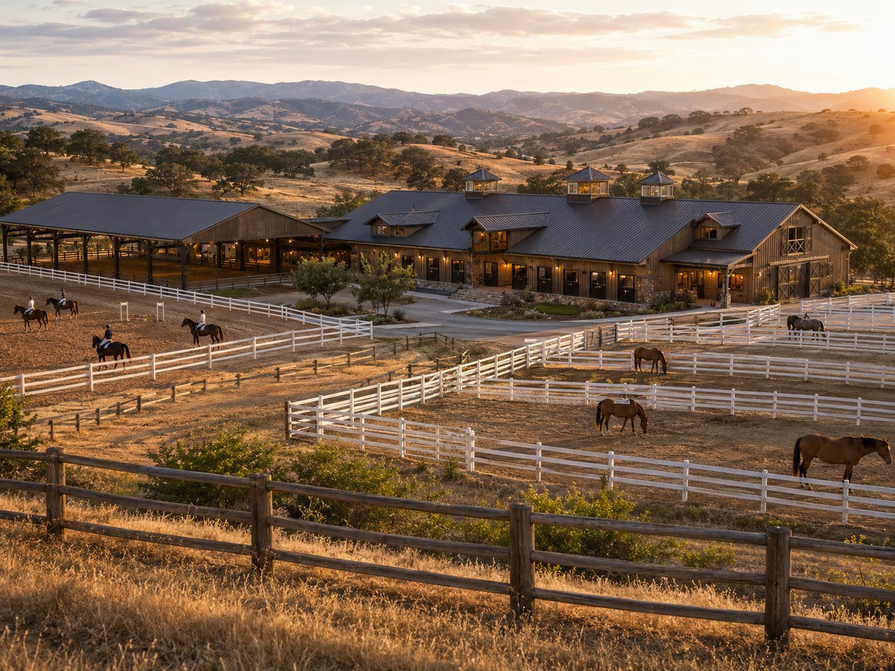 Equestrian Center rendering at golden hour
