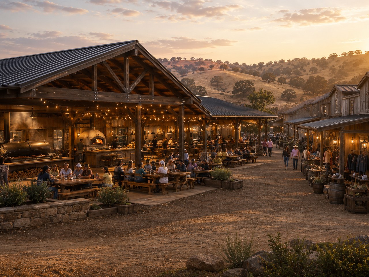 Food Courts rendering at golden hour