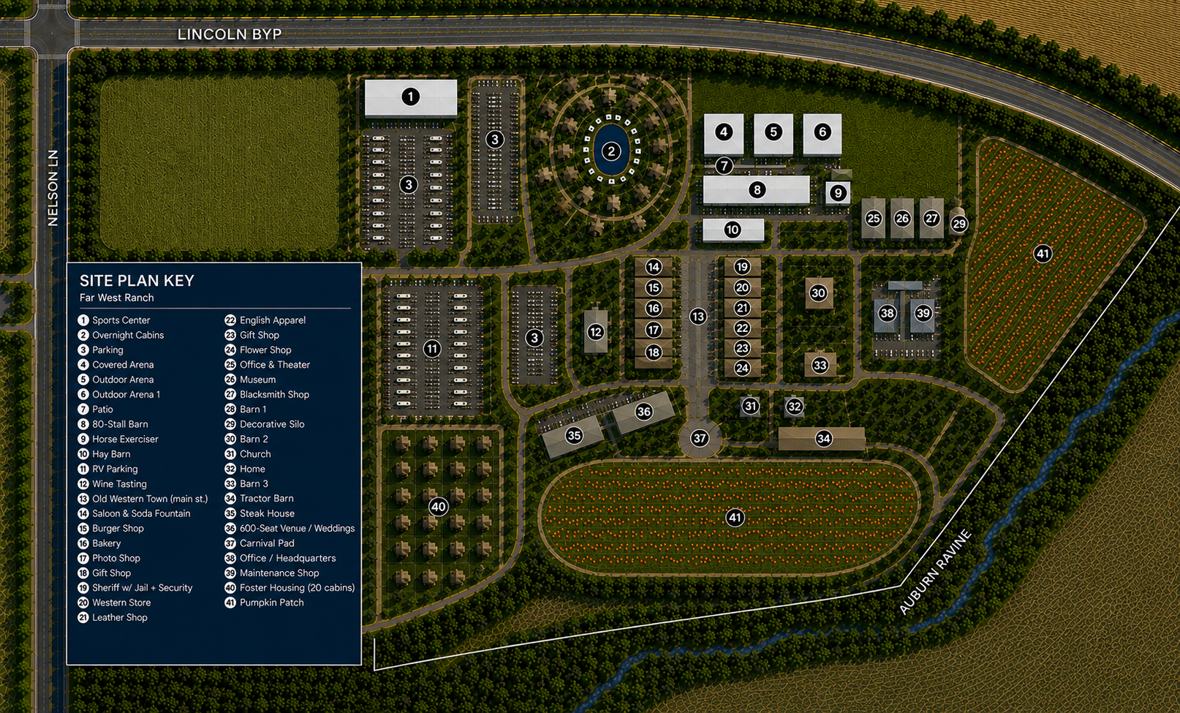 Far West Ranch site plan — aerial map with numbered key of all venues