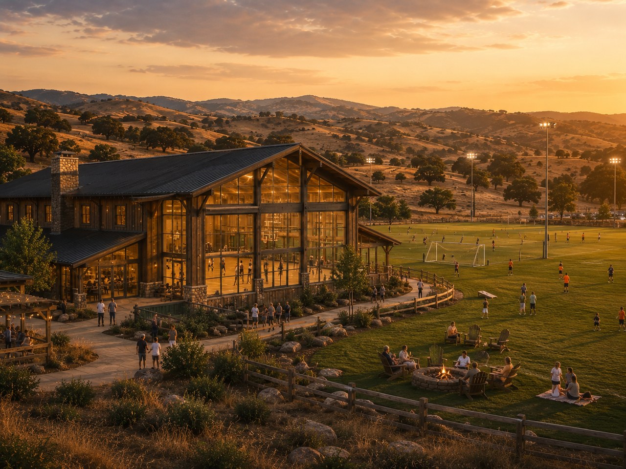 Sports Center rendering at golden hour