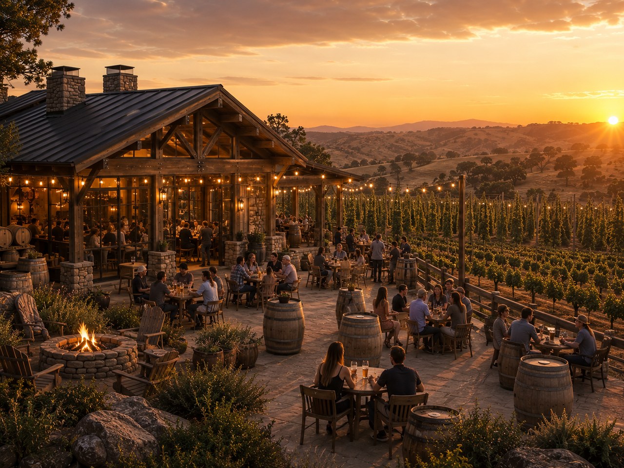 Wine & Brewery rendering at golden hour